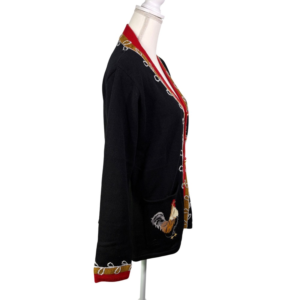 NWT Storybook Knits Rooster Cardigan Womens M Black Kitschy Novelty Sweater - Picture 7 of 9